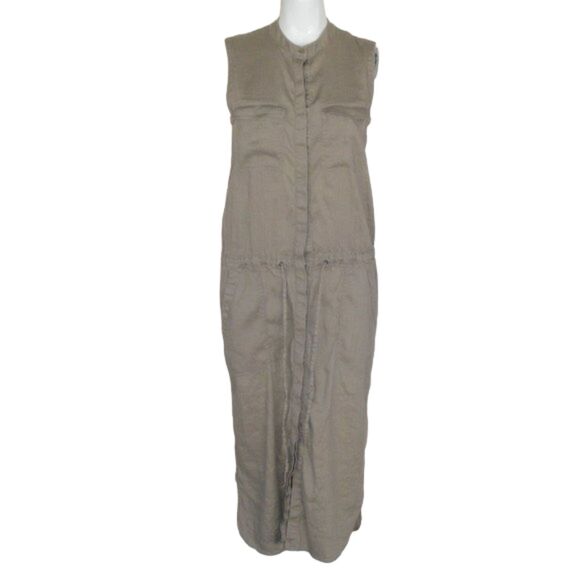 VINCE Midi Dress, XS, Khaki, Career, Sleeveless, Linen, Shirtdress - Picture 7 of 11